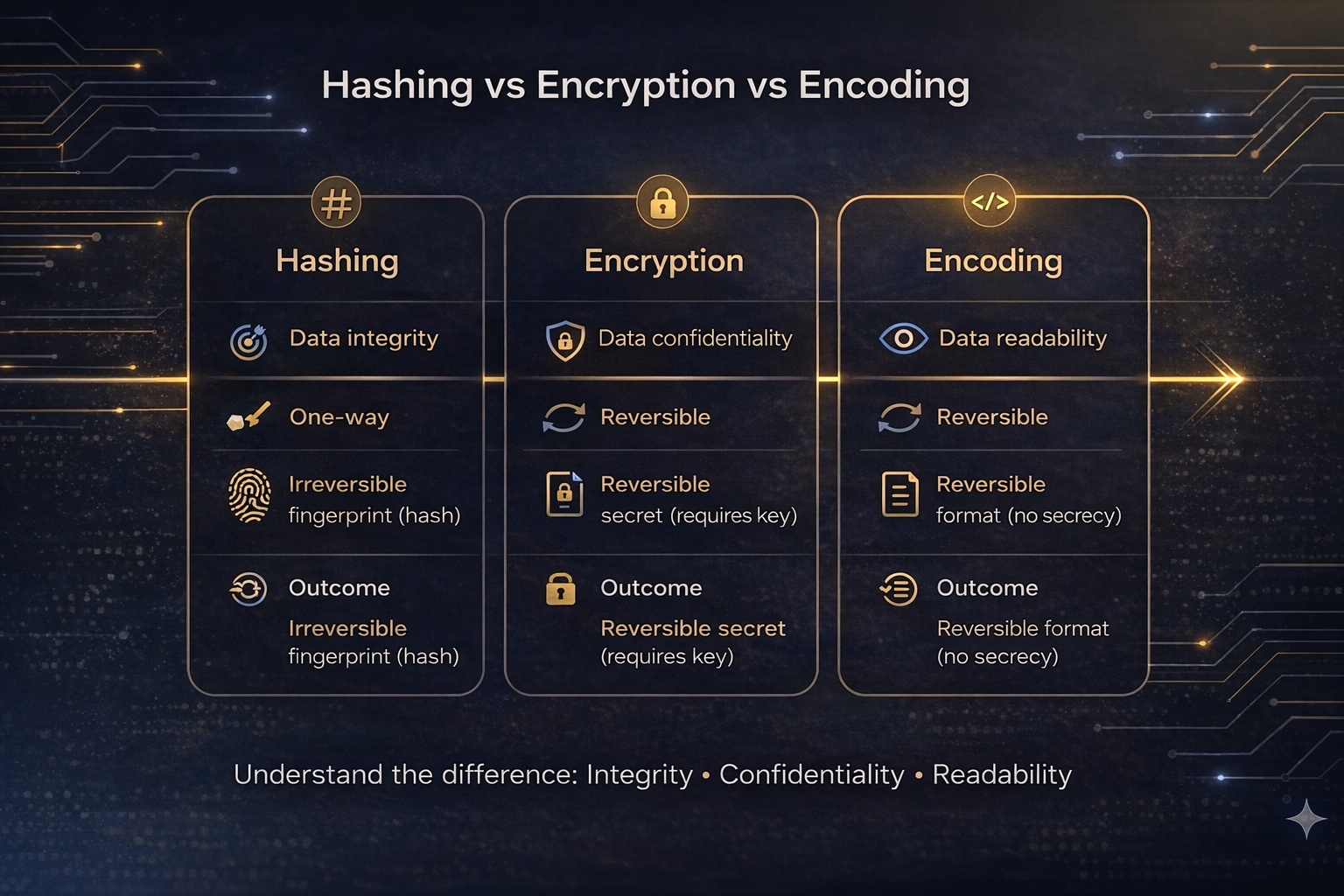 Side-by-side comparison of hashing, encryption, and encoding: their properties, reversibility, and use cases