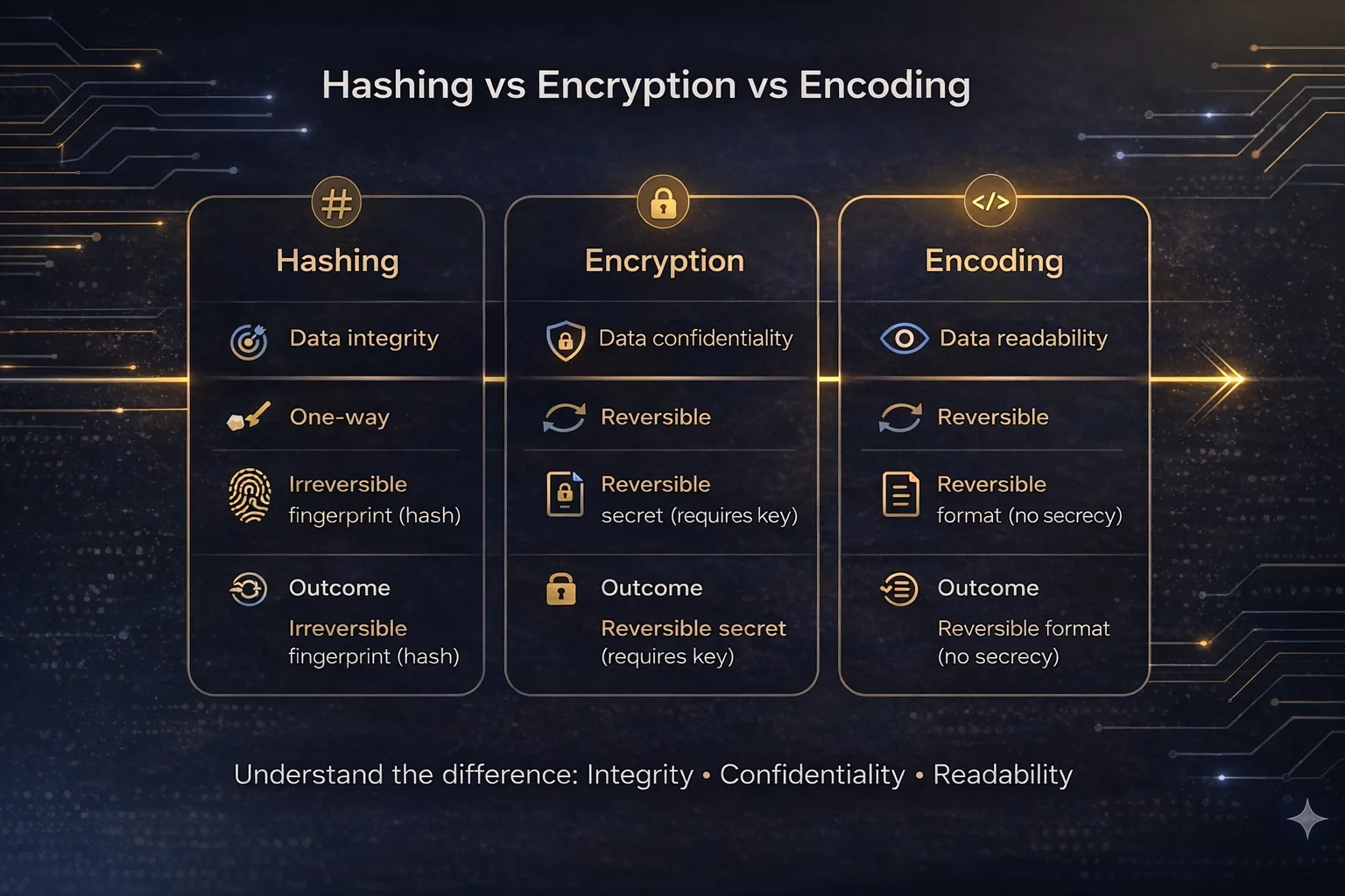 Side-by-side comparison of hashing, encryption, and encoding: their properties, reversibility, and use cases