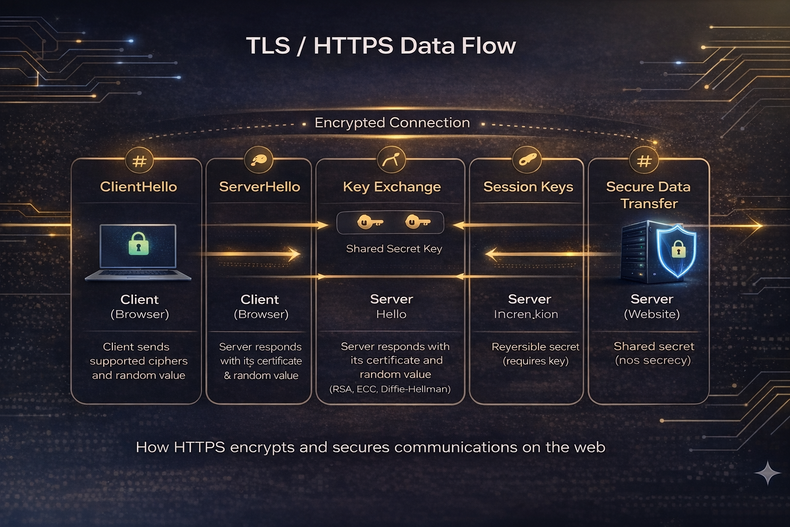 Diagram of TLS handshake and HTTPS data flow showing key exchange, authentication, and symmetric encryption in sequence